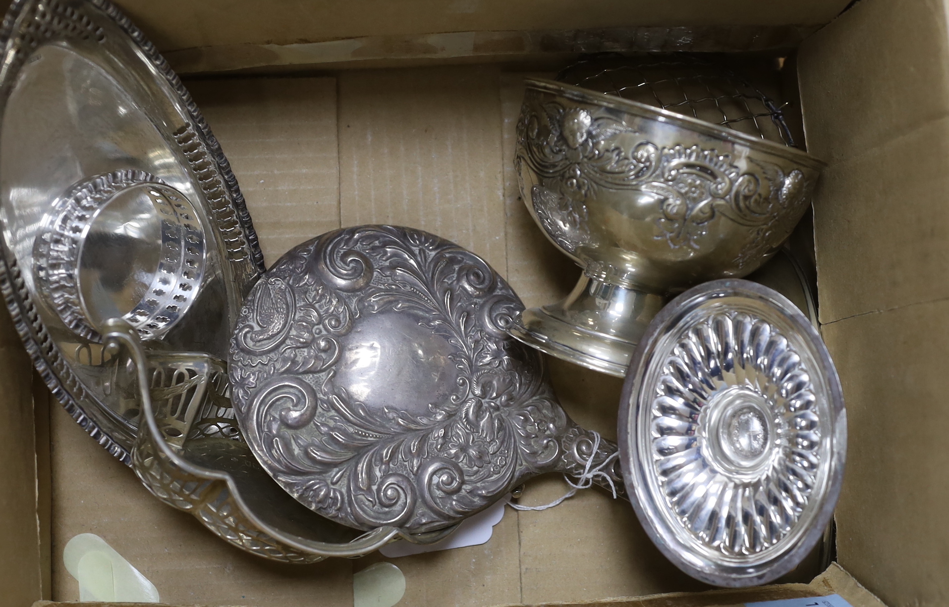 Sundry silver including inkstand base, three dishes and a bowl, an elliptical dish, a pair of modern coasters, a rose bowl and a silver mounted hand mirror, 17oz.